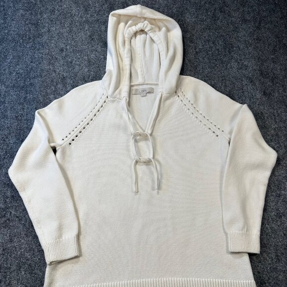 LOFT Waffle Knit Hoodie Sweater WMNS M Ivory Hooded V-Neck Pullover Cozy Warm - Picture 1 of 9